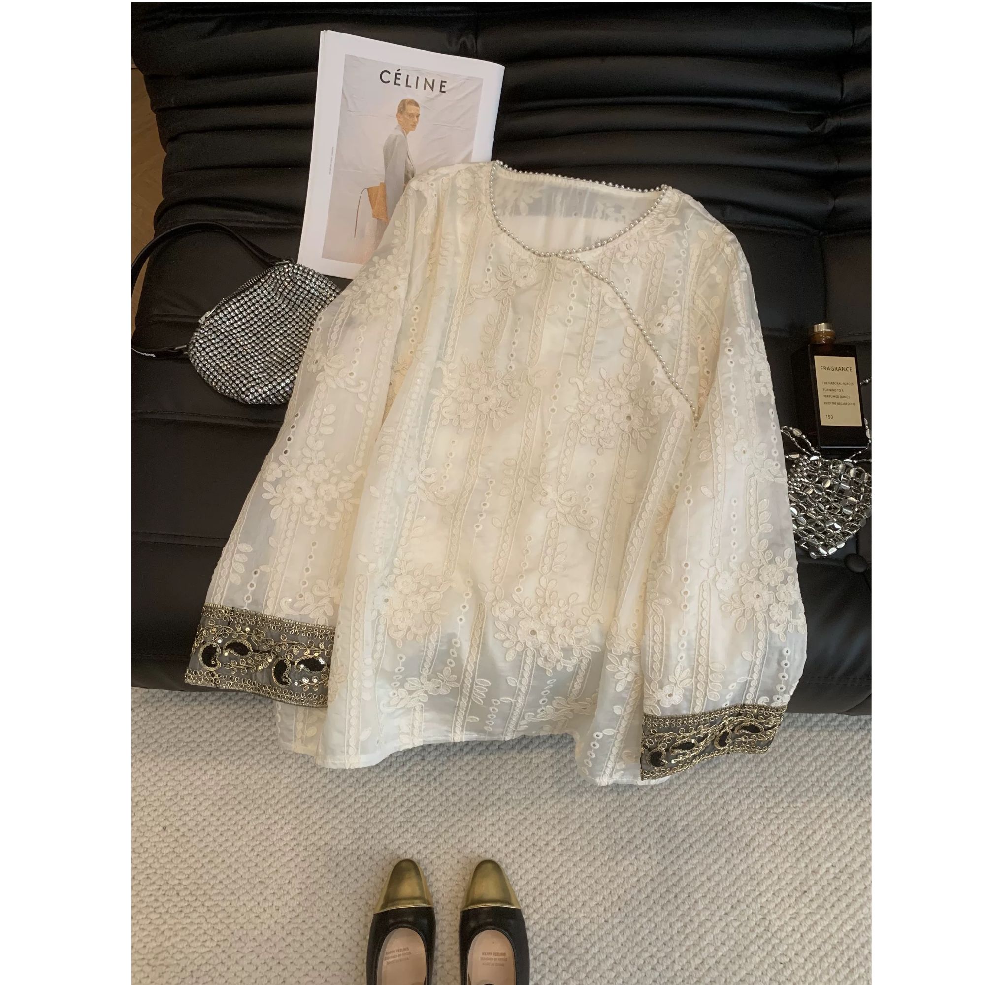 新中式蕾丝国风刺绣衬衫女2025春季新款洋气宽松重工钉珠衬衣套装