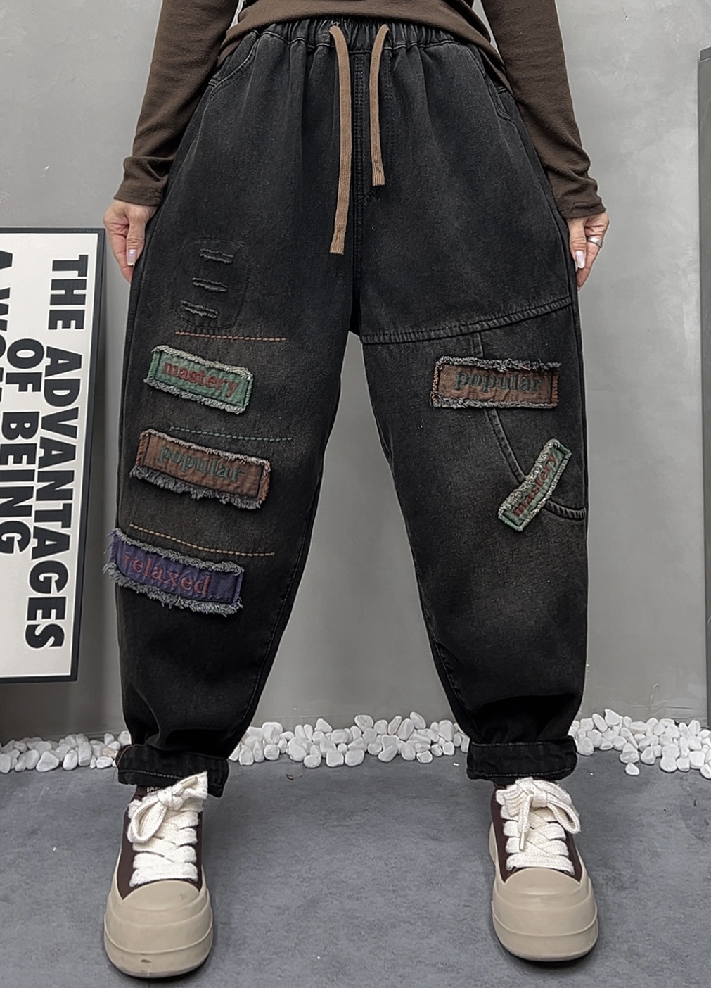 冬季女装新款加绒加厚贴布刺绣撞色水洗牛仔裤休闲保暖舒适哈伦裤