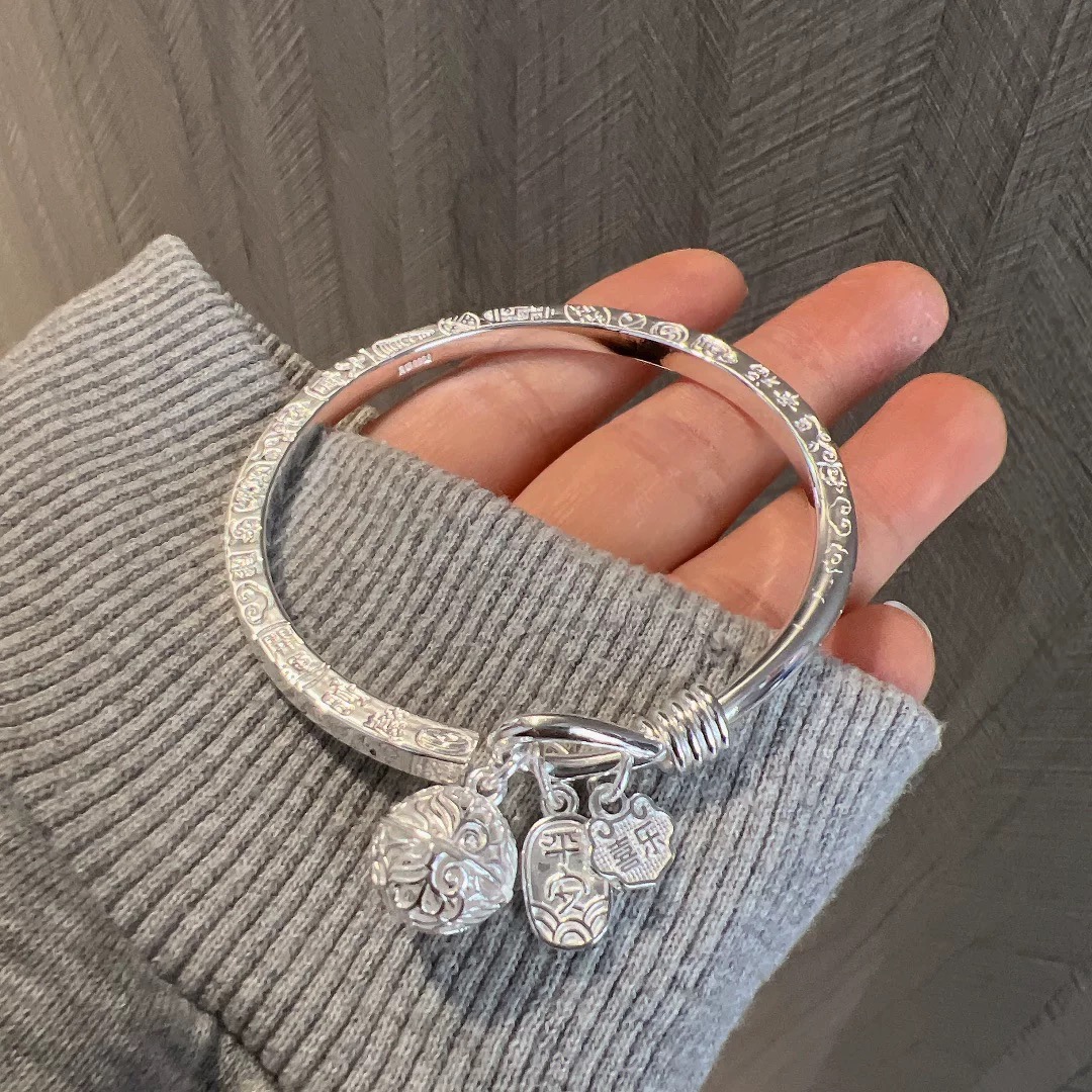 足银手镯 足银9999纯银吉言手镯女实心宫铃银镯新中式古风开口镯