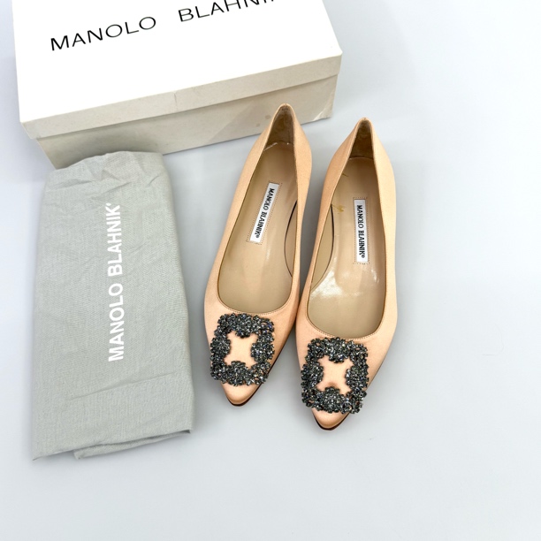 95新 MANOLO BLAHNIK/莫罗·伯拉尼克 MB满钻丝绸平底鞋36码2771