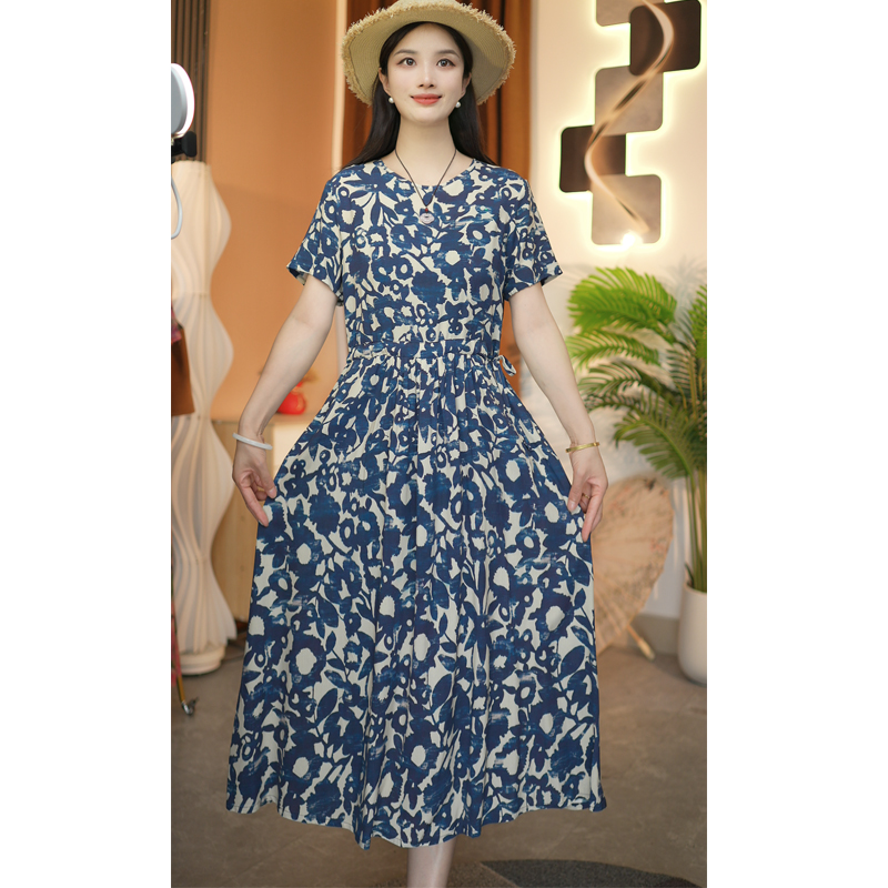 （蓝海花绽）中长款棉绸裙子夏季新款时尚短袖系带棉绸连衣裙