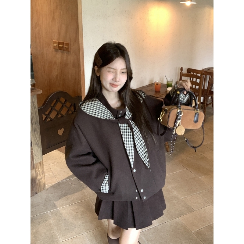 乌77复古格纹可拆卸连帽披肩毛呢外套女秋冬加厚夹棉宽松百搭上衣