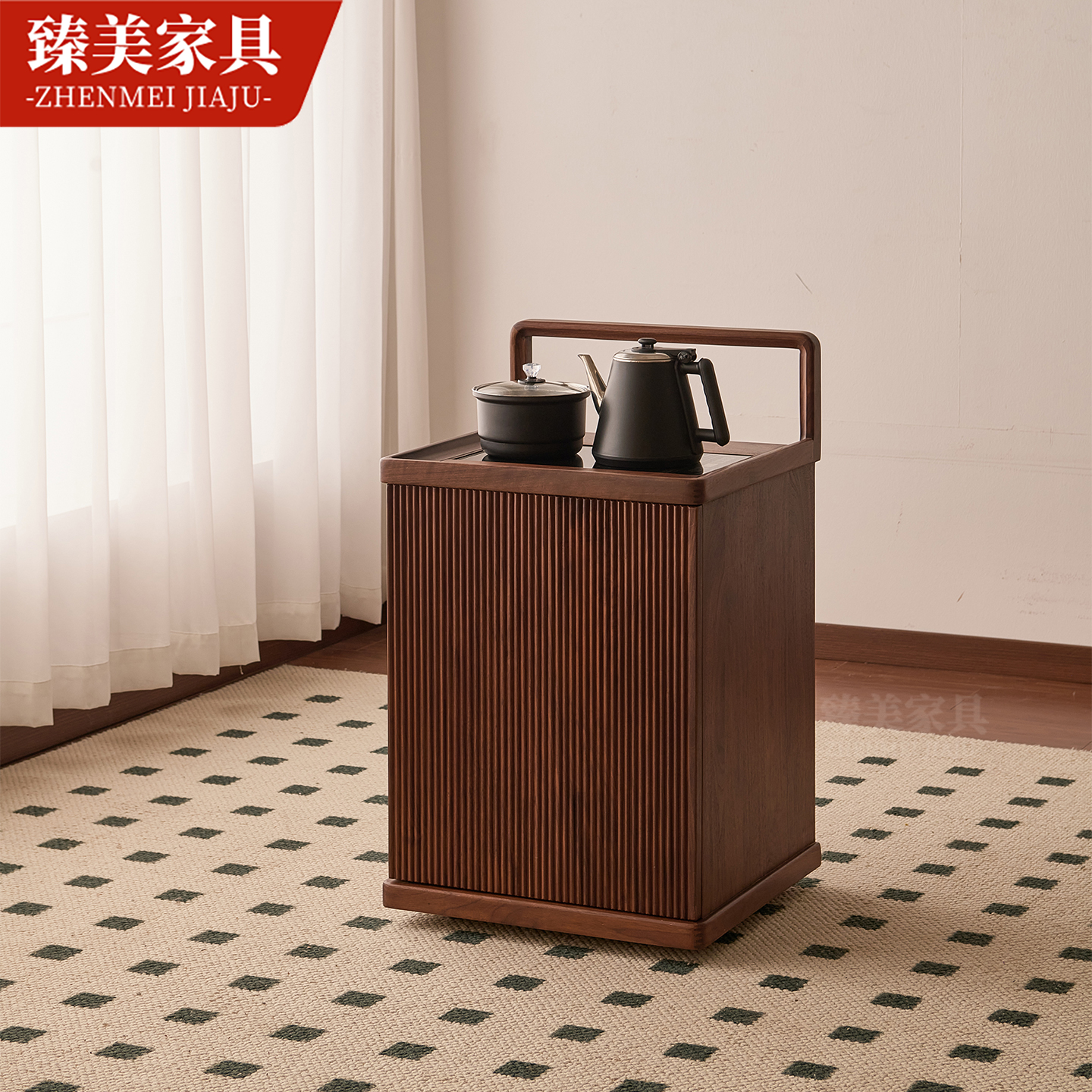 北美黑胡桃木移动茶水柜全实木烧水柜原木移动茶桌