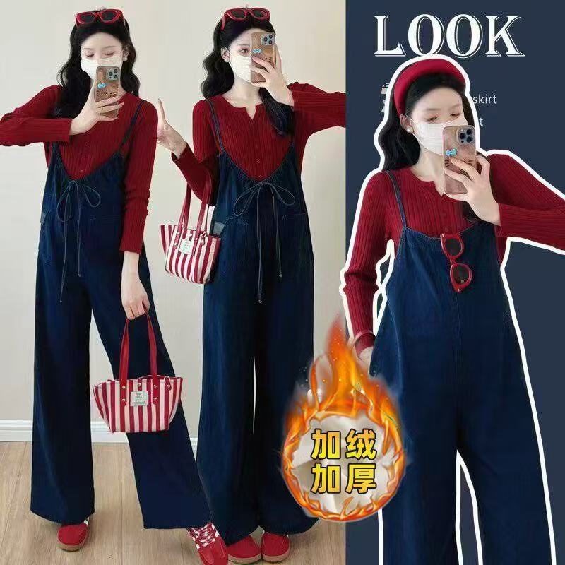 时尚孕妇加绒加厚孕妇牛仔背带裤+针织开衫上衣孕妇背带裤套装