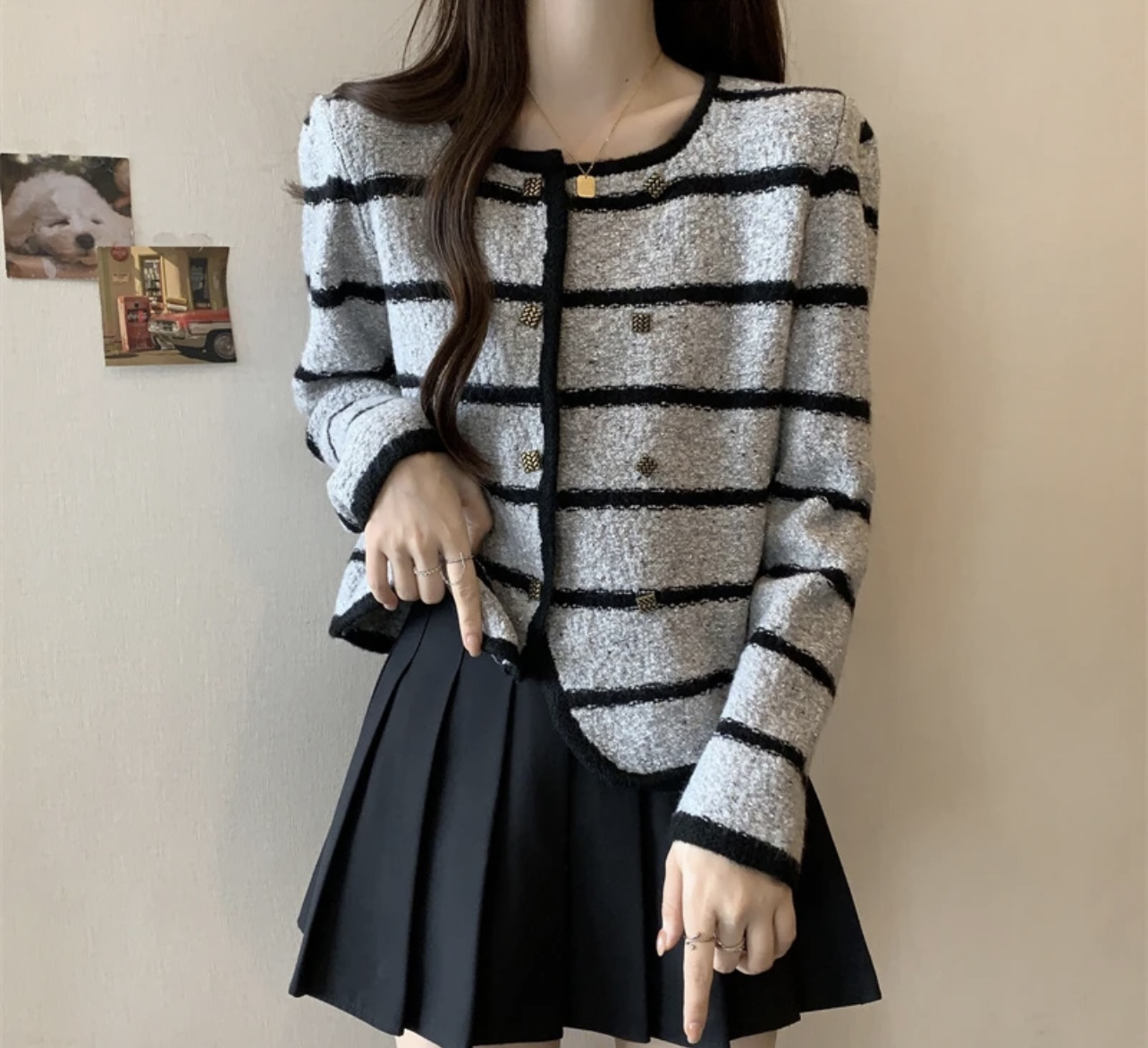 麦田家秋冬新款软糯撞色条纹毛衣小香风系列