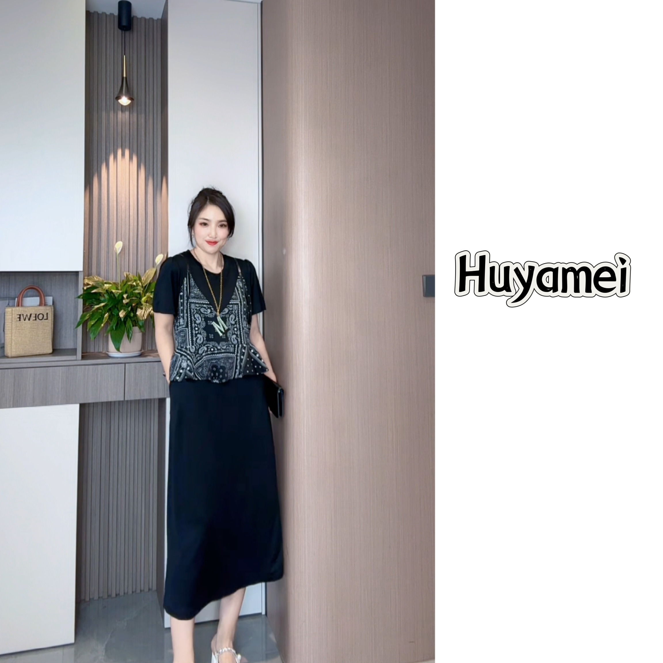 夏季休闲时尚拼接假两件连衣裙显瘦气质黑花9088