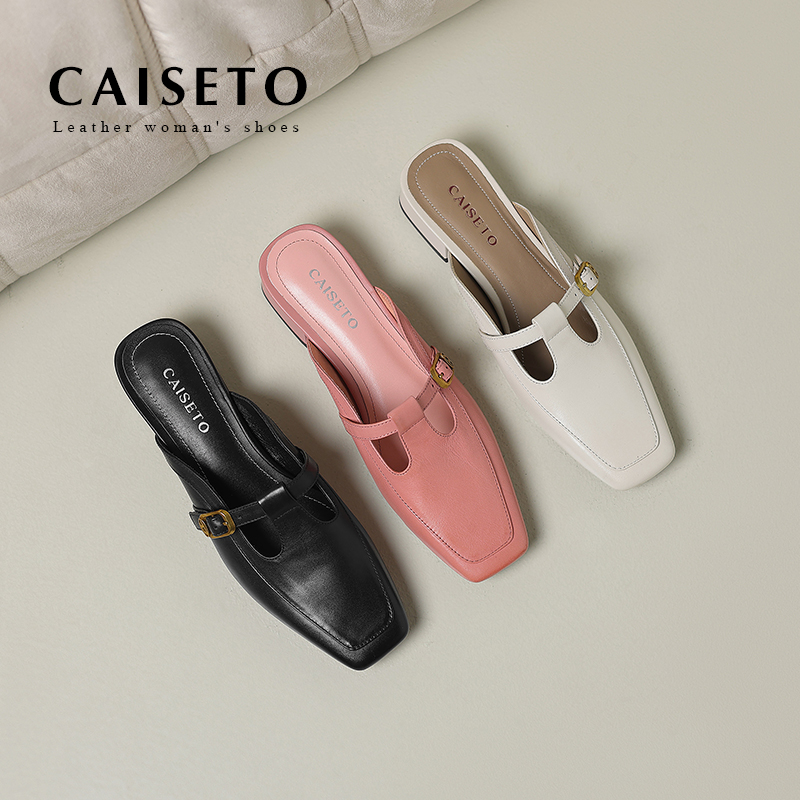 头层牛皮/3cm新款方头百搭真皮低跟包头拖舒适休闲通勤女鞋XL016