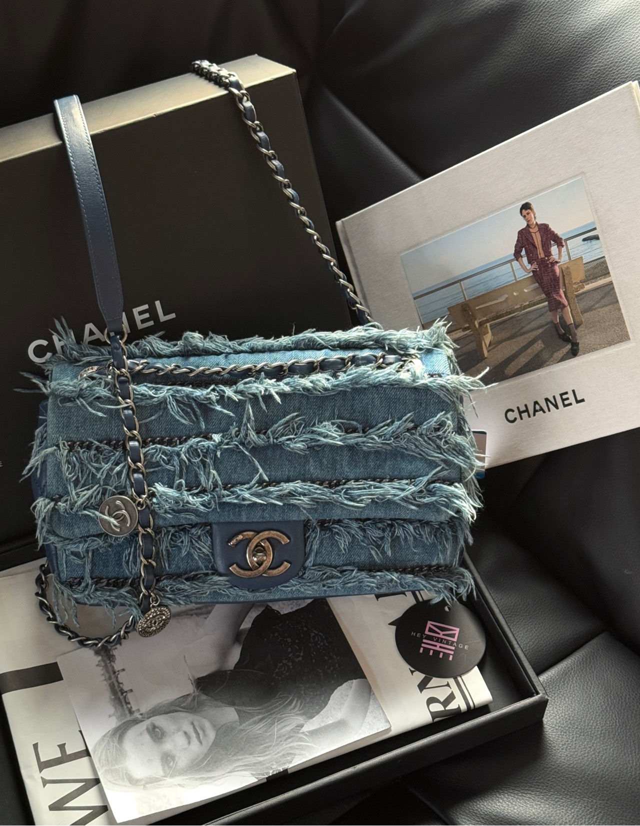 95新 Chanel/香奈儿  25 银扣牛仔流苏钱币包 cf 20开 11351179