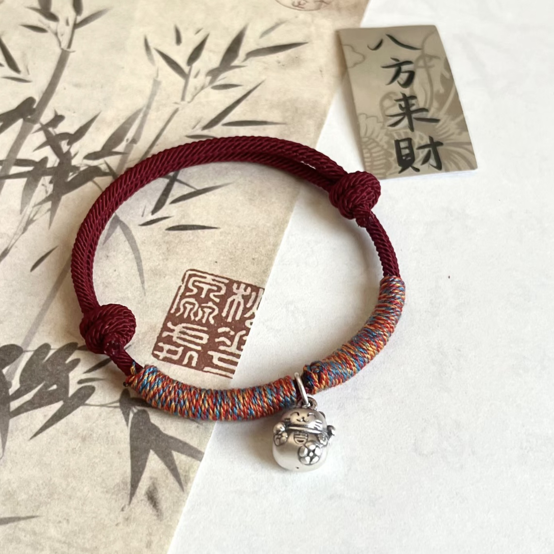 非金属锦纶手链 做旧足银红绳手绳