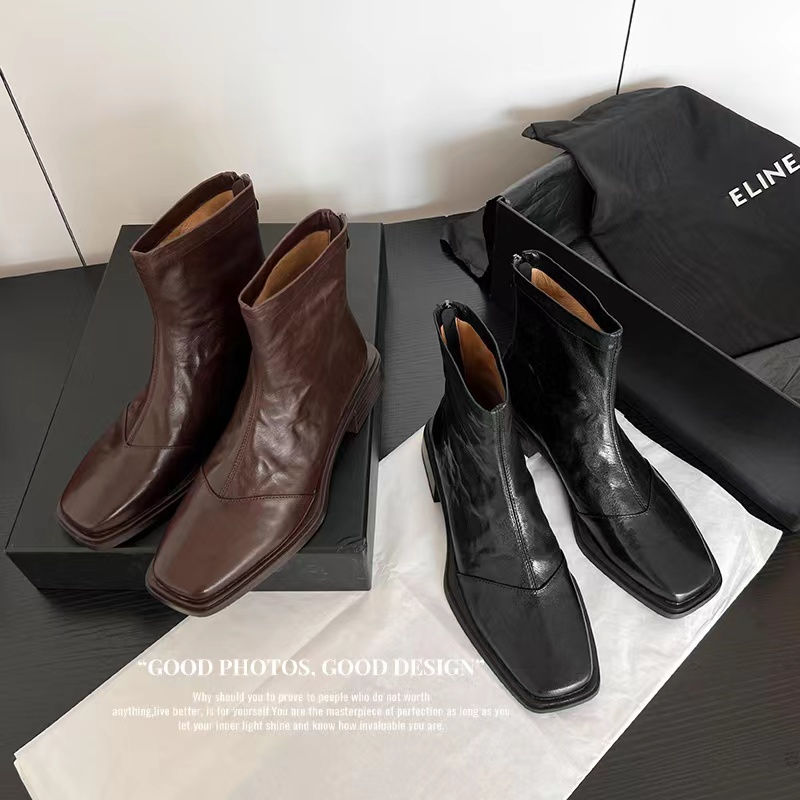 4cm 2024秋冬新款法式复古时尚短筒百搭粗跟方头真皮韩版瘦瘦靴