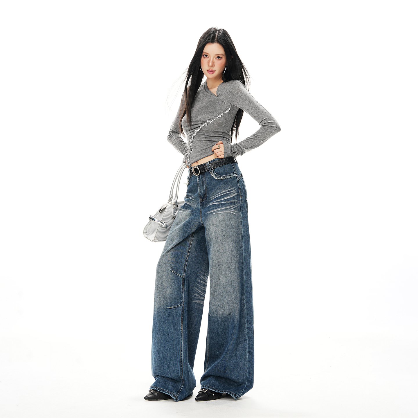 GL 丹宁先锋复古高腰宽松水洗描金工艺直筒阔腿裤25年秋冬新款女