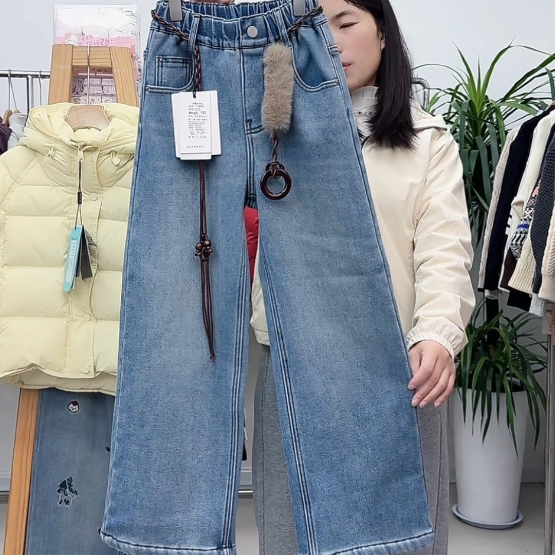 儿童窄版牛仔直筒裤子25255 女童浅色百搭新年款加绒裤女孩小直筒