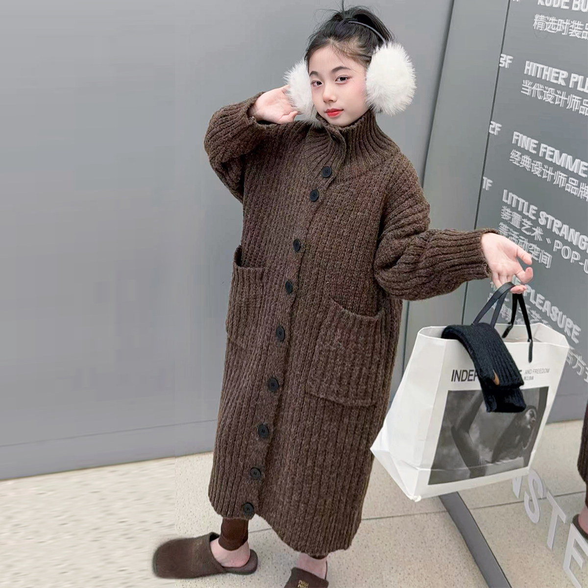 【嘻嘻柚】女童加厚长款软糯高领毛衣外套2025秋冬韩系针织开衫长裙