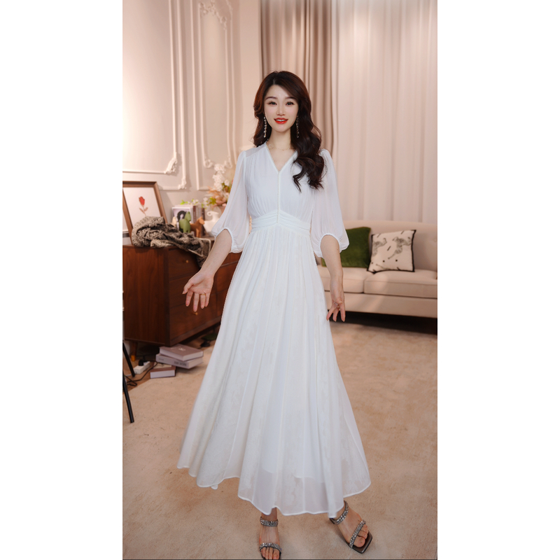 【白玫瑰】25年法式轻奢浪漫定制优雅气质收腰高端长裙连衣裙