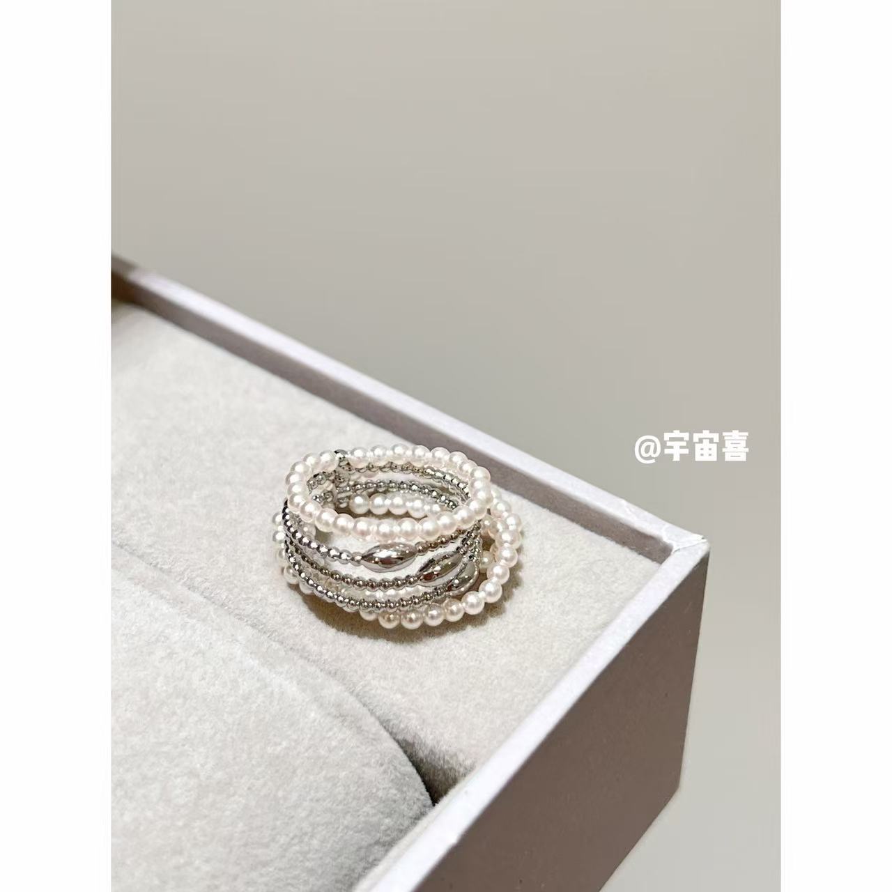 铜合金仿珍珠戒指 L3-094【多层贝珠串珠金属水滴豆子闭口戒指】