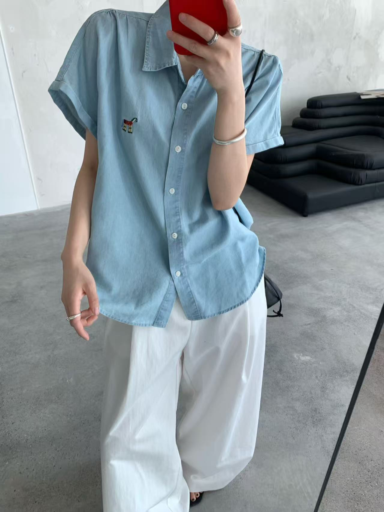 恩熙·韩版新款刺绣小马标短袖衬衫5A3113