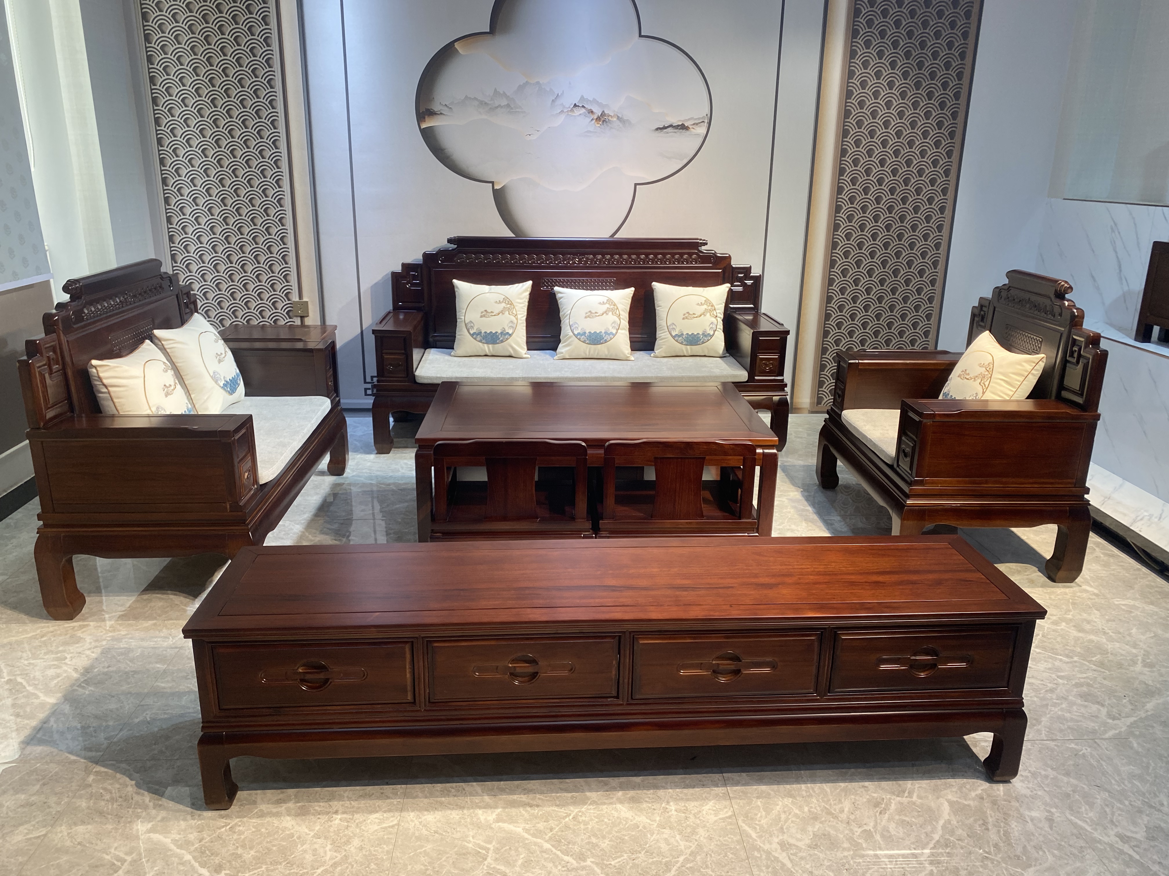 新古典乌金木家具三人位大户型实木沙发小户型乌金木沙发古典