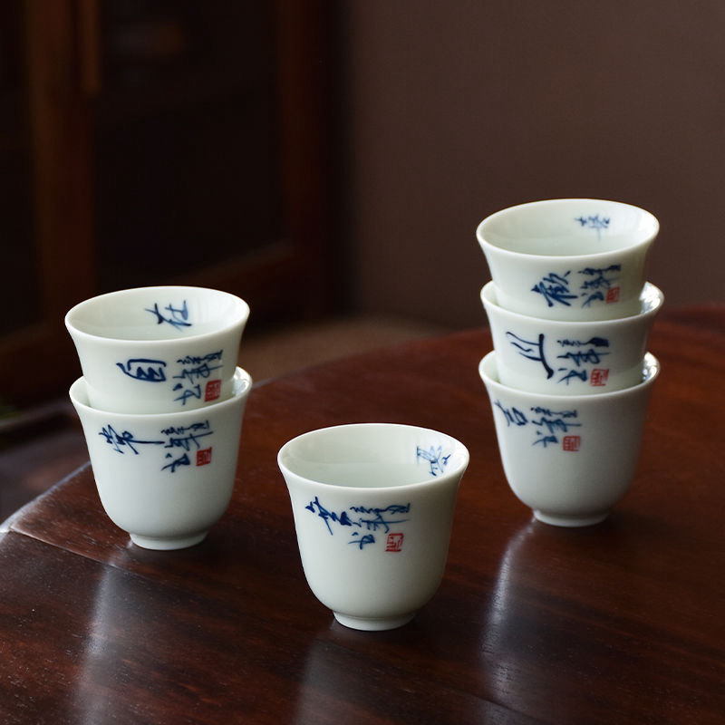 复古纯手工手写青花主人杯陶瓷茶单杯家用品茗杯中国风大号茶杯