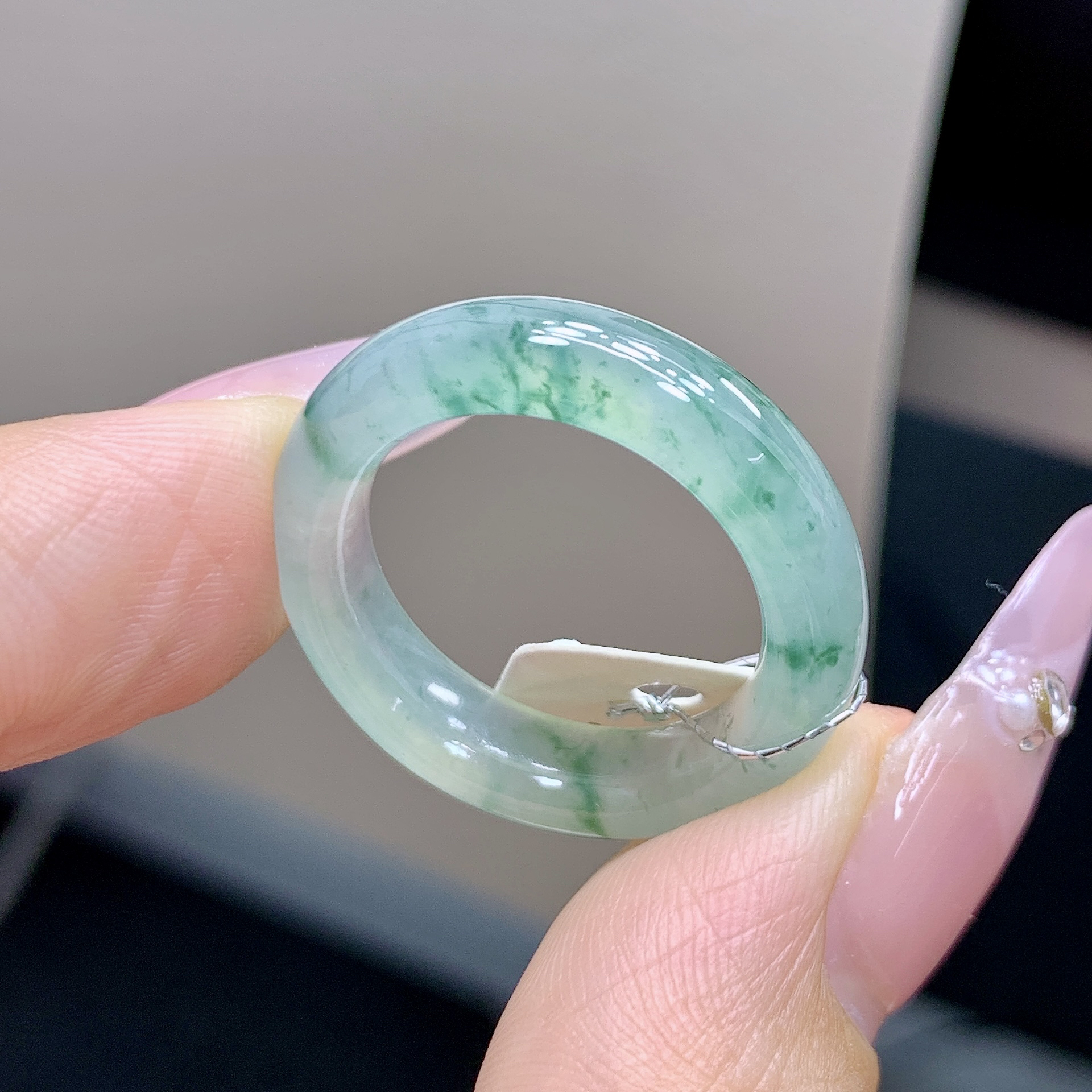 19号 晴水色飘绿花色清新揭阳工缅甸翡翠A货戒圈 内径19-6-4.2