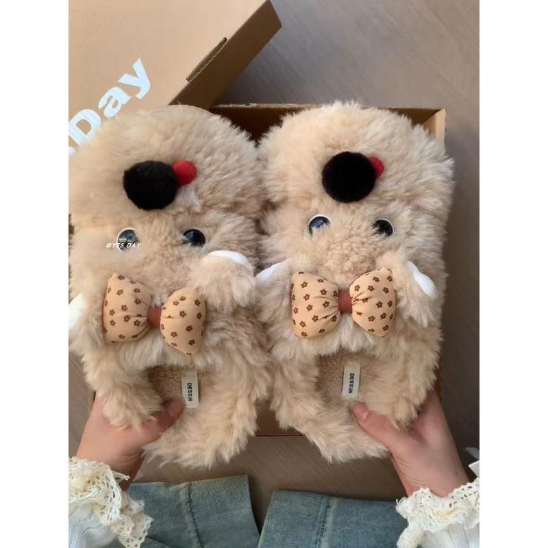 可爱卡通小狗毛毛鞋2025新款小个子增高保暖棉拖鞋包跟少女心毛拖