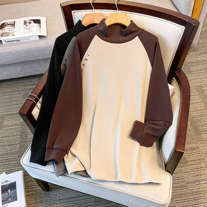 300斤加大码撞色加厚德绒高领打底衫内搭秋冬胖mm长袖保暖上衣潮