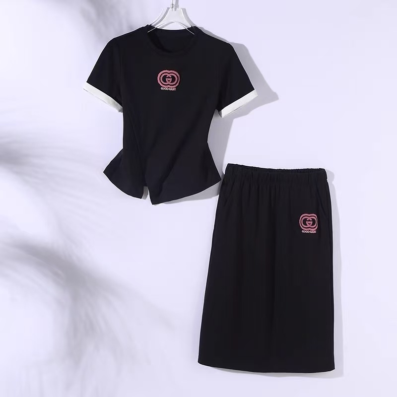 57%人棉 夏季新款短袖T恤+包臀半身裙套装女 休闲薄款两件套506