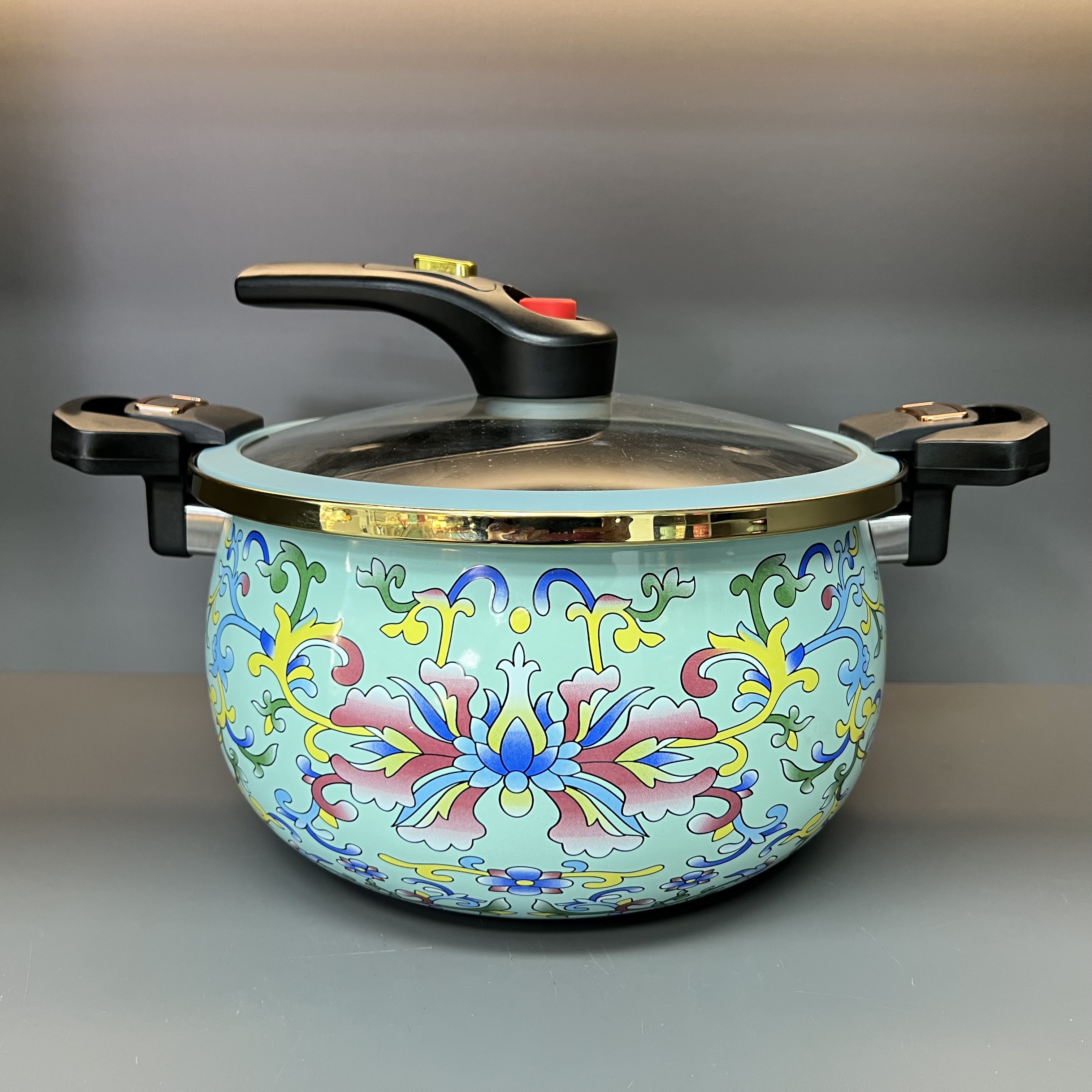 27cm珐琅绿钩莲微压锅7L大容量搪瓷压力锅加厚大炖锅（不挑灶具）