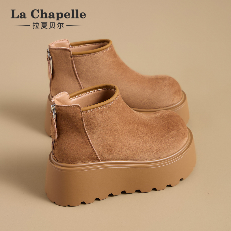 拉夏贝尔厚底雪地靴女2025新款冬季加绒短筒棉鞋复古勃肯鞋马丁靴