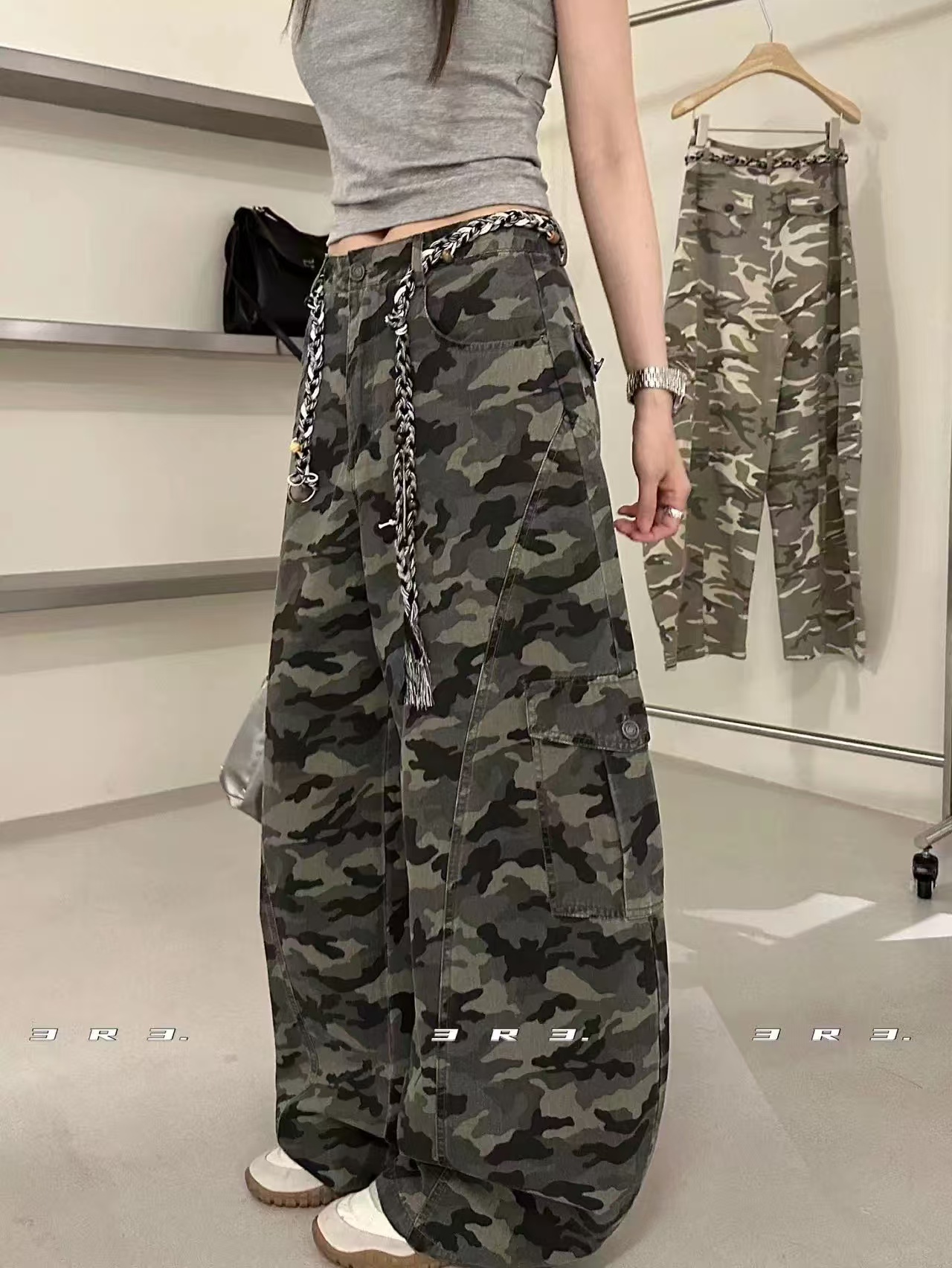 美式复古高腰直筒阔腿迷彩工装裤潮流扎染休闲百搭