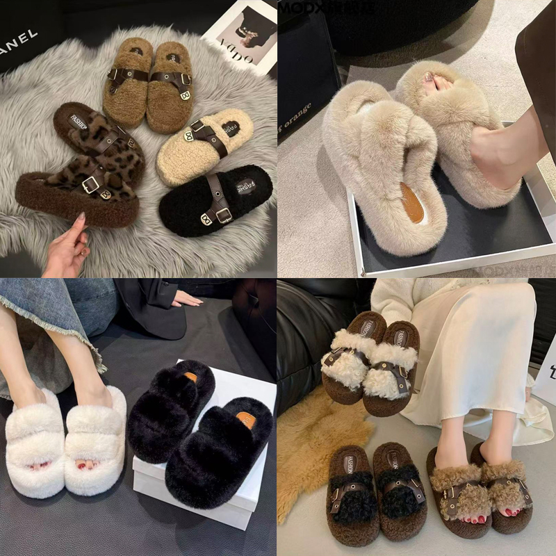 新【惠银莱撤柜款】秋冬新款豹纹女士毛毛拖高级感外穿搭扣厚底棉鞋