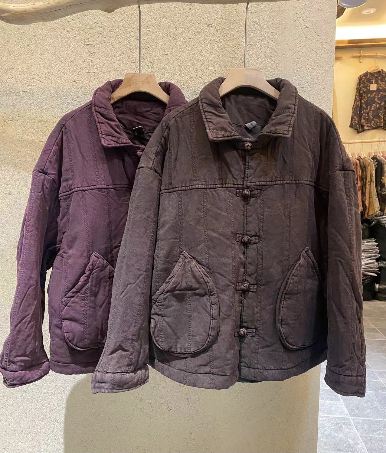 (娇娇推荐)亚麻炒色 衬衫领盘扣月牙袋棉衣 940