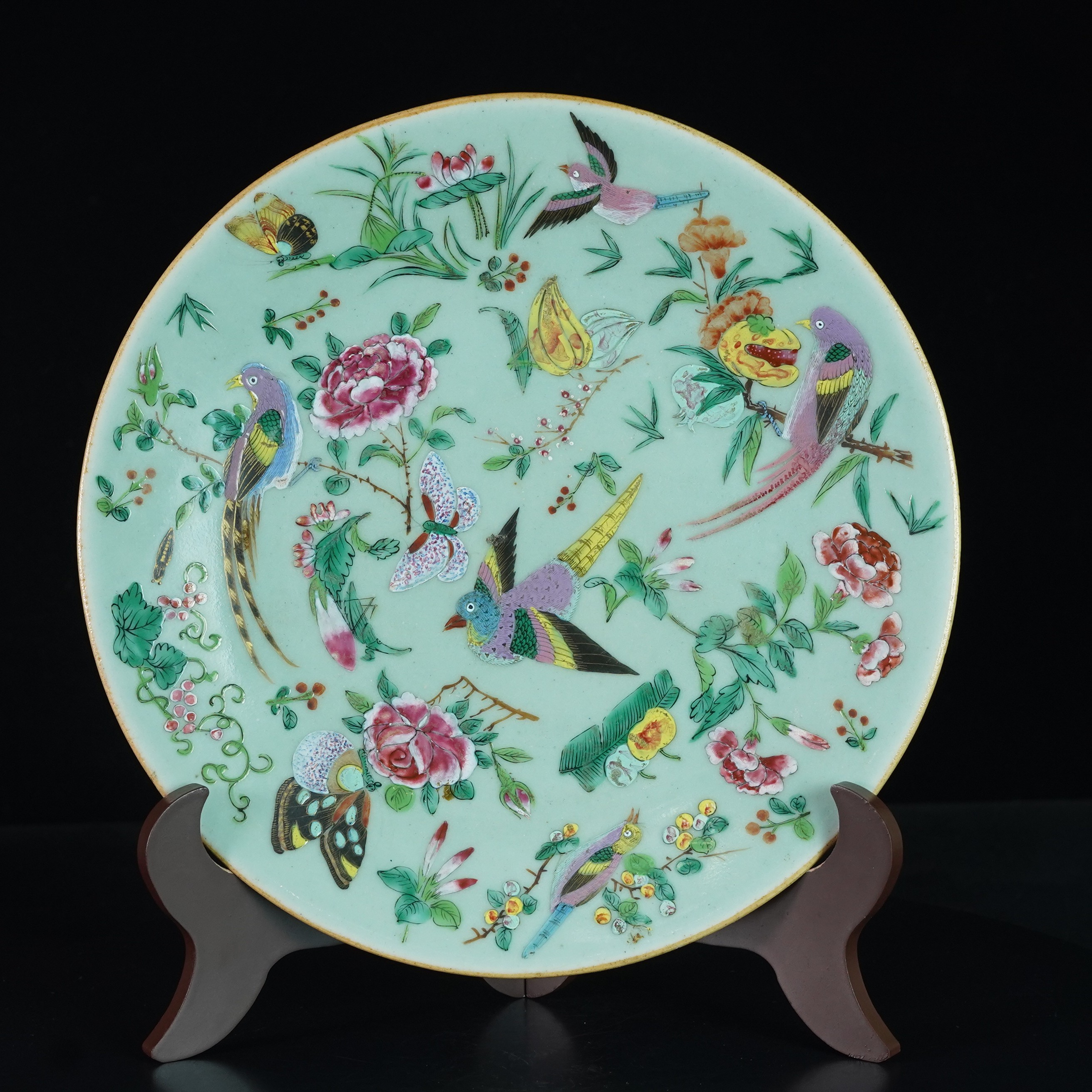 LABC241229007【十竹斋】清中期粉青釉珐琅彩花鸟纹赏盘