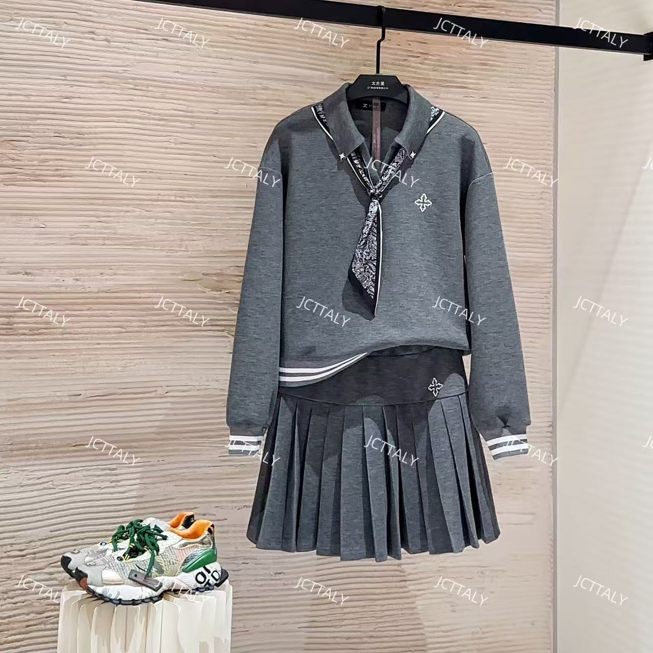 【宠粉价】秋冬新款时尚灰色领带气质洋气半身裙套装TZ-432