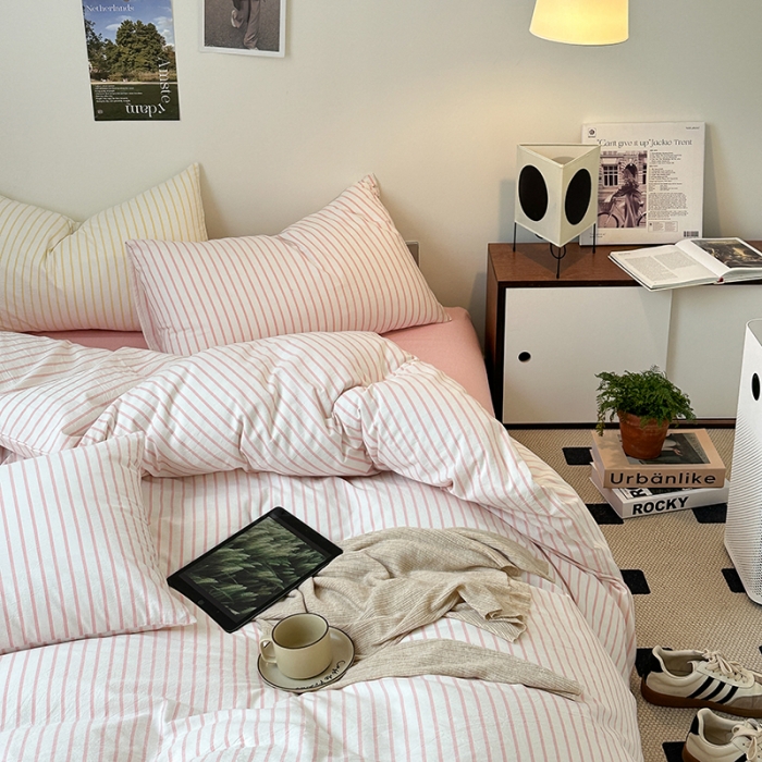 本季-无印风简约条纹100%A类色织水洗棉被套四件套纯棉全棉三件套