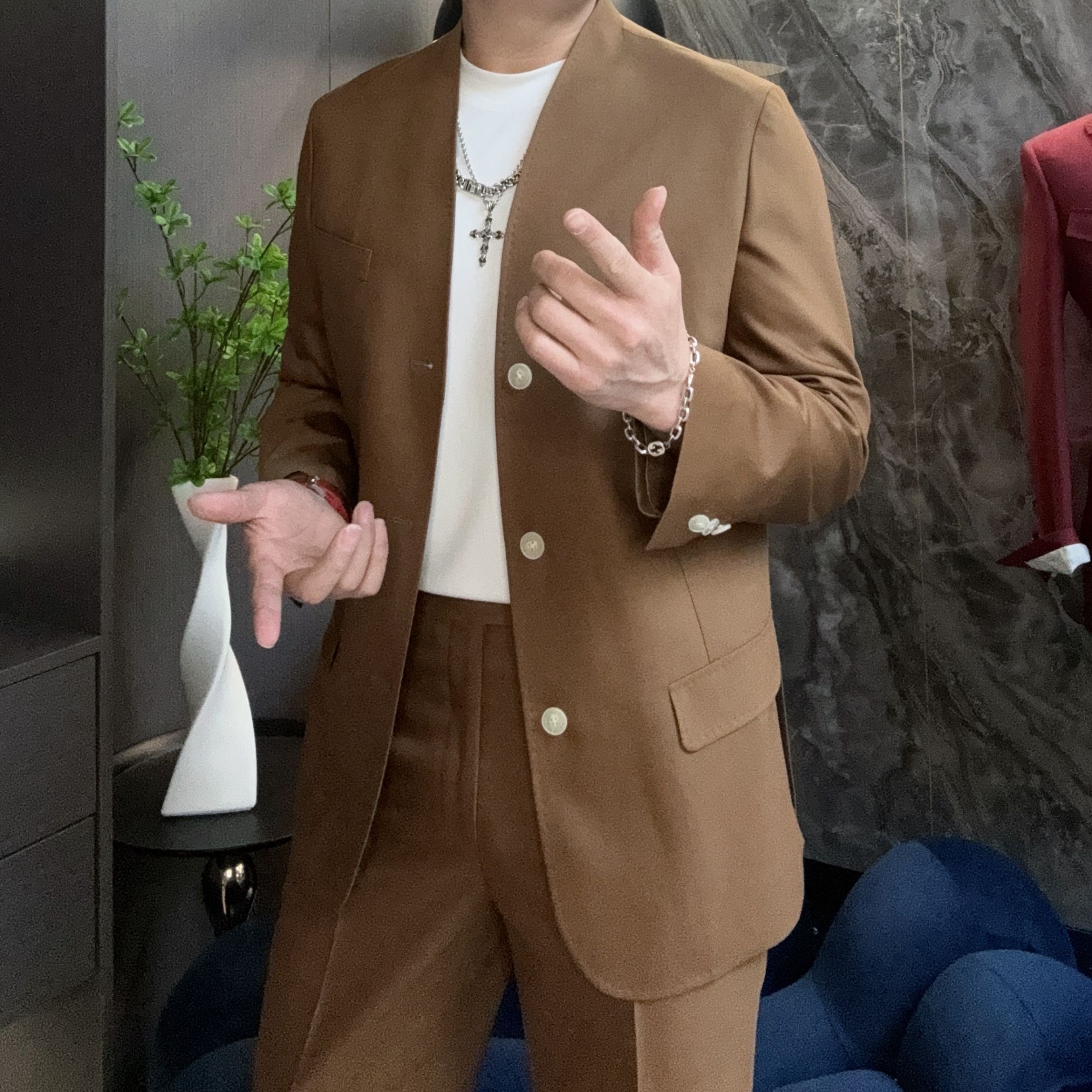 男士春夏轻奢无领单排三扣西装套装休闲商务西服潮时尚设计师外套