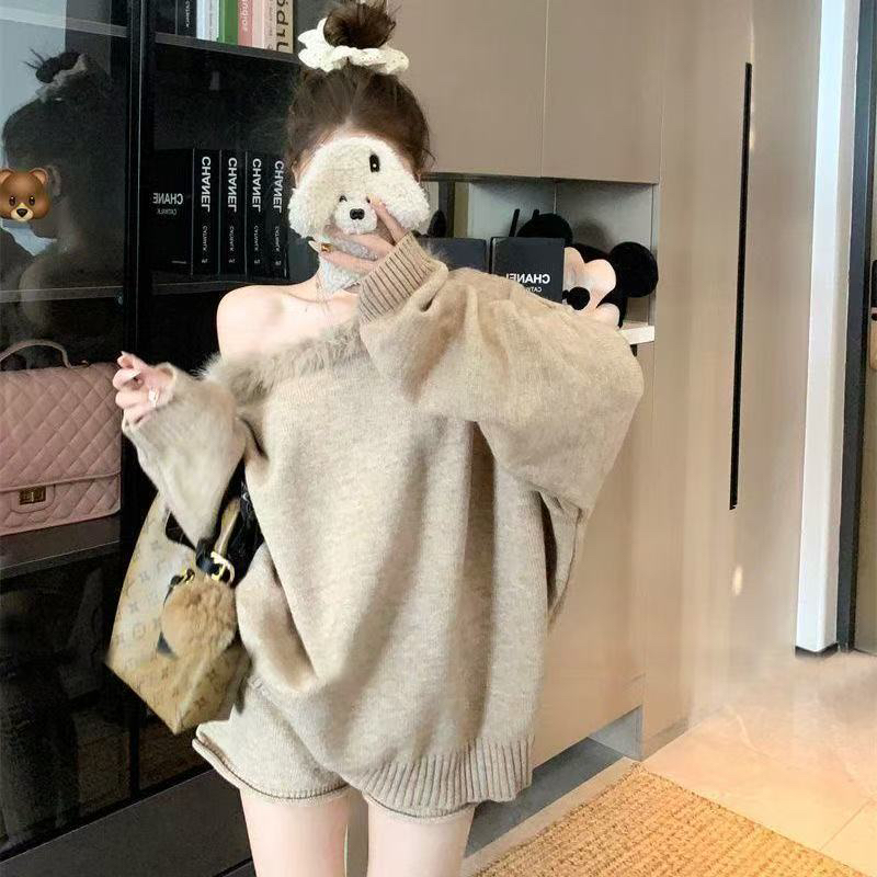 慵懒风女常规袖拼接针织毛针织衫学生冬季高领外穿