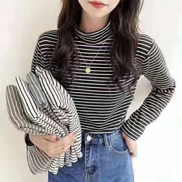 条纹撞色立领长袖女装上衣百搭半高领秋冬显瘦9891