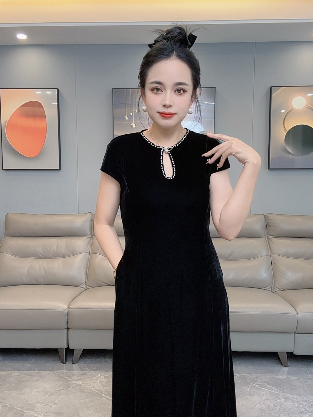 2025不规则领型显瘦法式短袖连衣裙休闲裙子夏季收腰显瘦1122