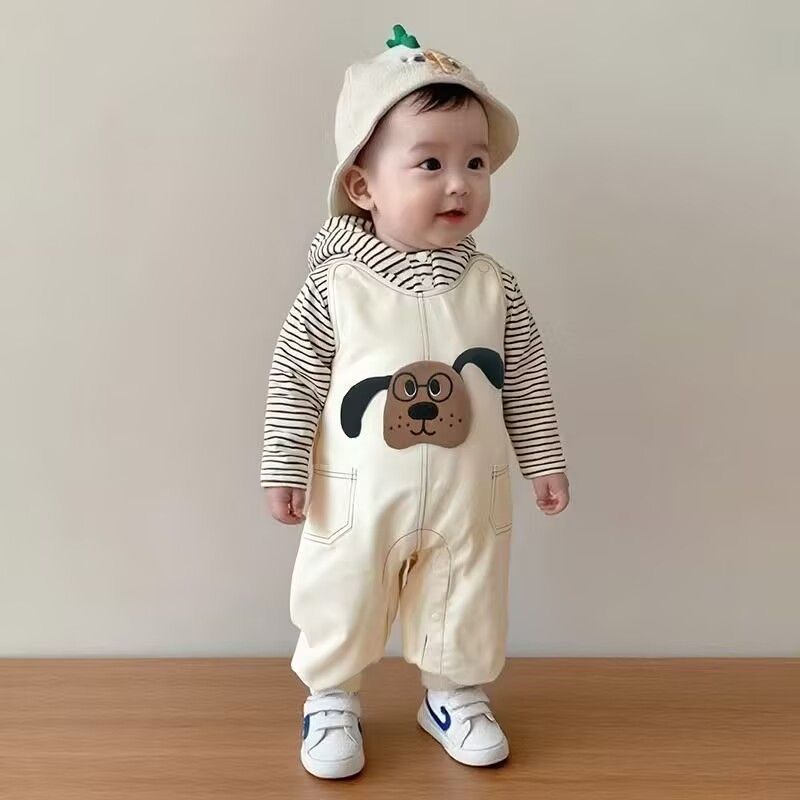 婴儿衣服秋装宝宝可爱连帽长袖连体衣背带裤分体套装超萌外出爬服