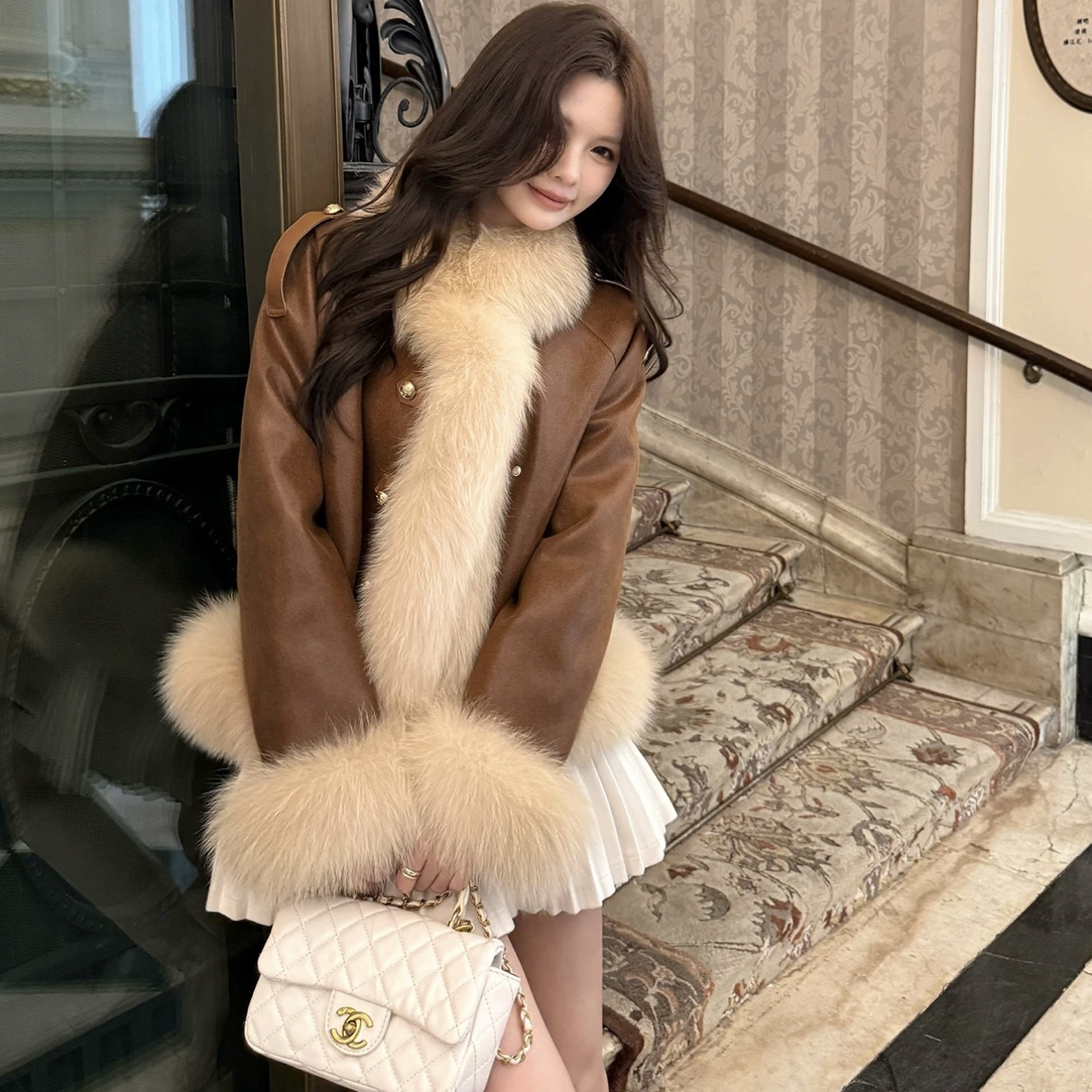 ROM【暖阳少女】年轻款进口麂皮绒狐狸毛鹅绒内胆皮草外套