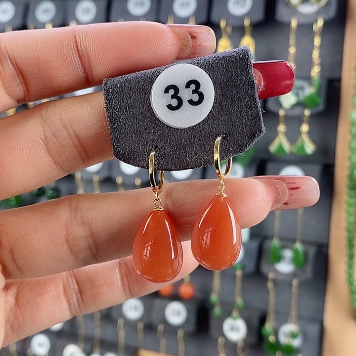 南红玛瑙耳饰18K金镶嵌