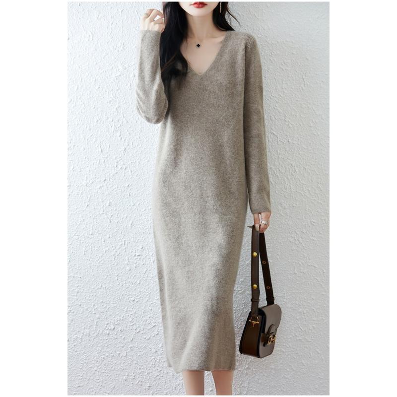 100%羊毛长款通勤风长袖拼接针织元宝V领YYY2573