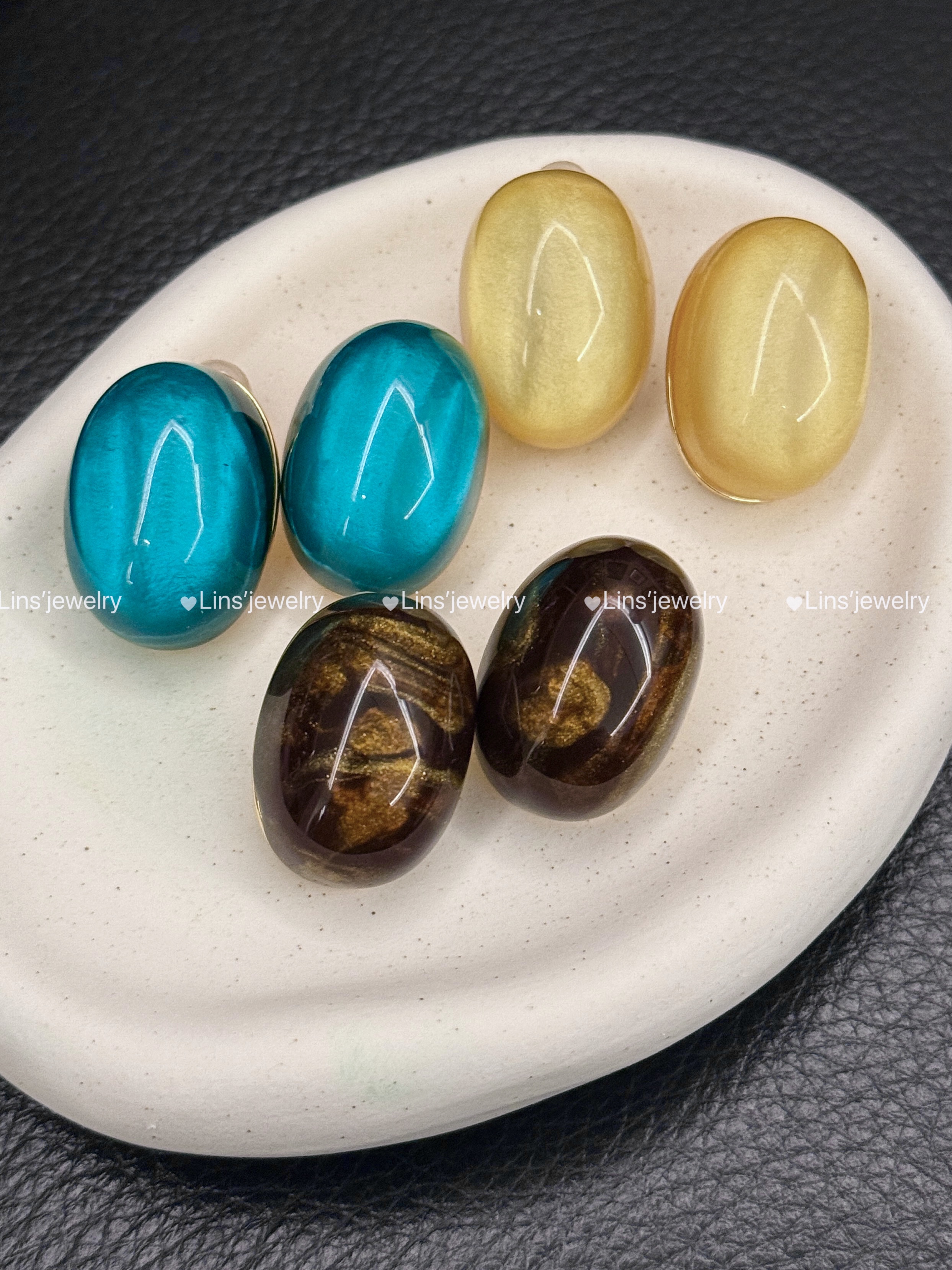 铜合金树脂耳饰 日韩小众清新多巴胺彩色椭圆复古大耳钉