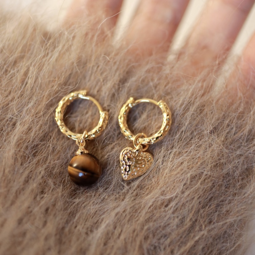 铜合金耳饰 H254美拉德虎眼石爱心不对称耳环无耳洞蚊香盘耳夹