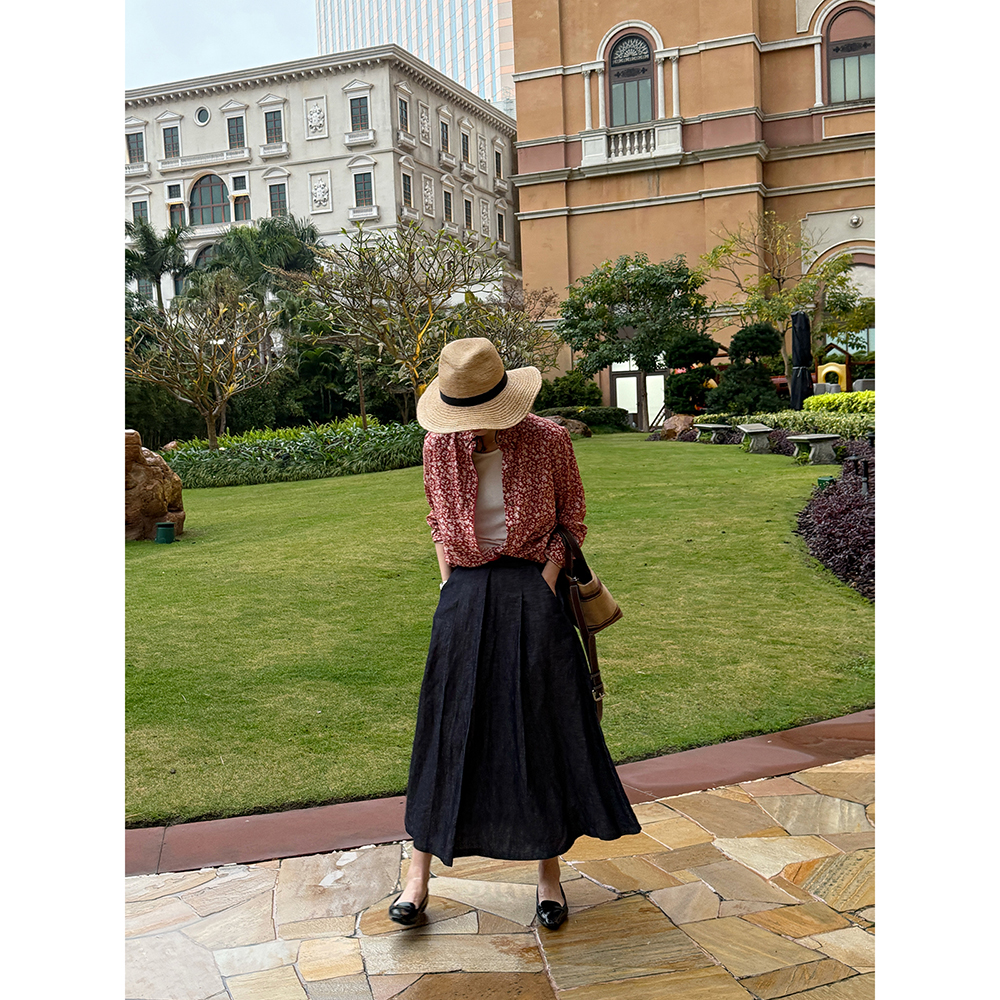 SHIIEELL 夏季老钱风气质显瘦经典百搭棉亚麻棉牛仔阔版伞裙PY260