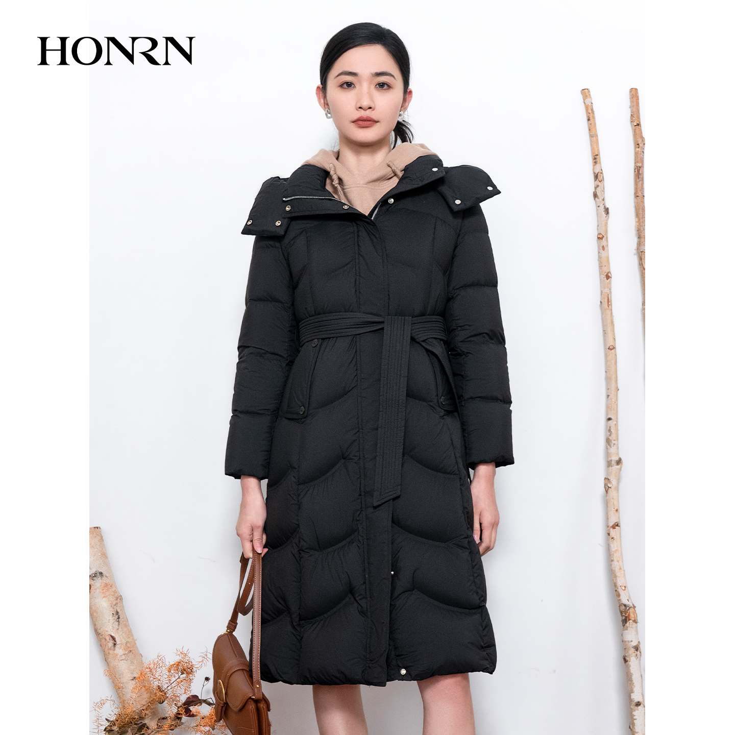 HONRN/红人可拆连帽系带收腰鸭绒羽绒服外套冬季女款HK59YR065
