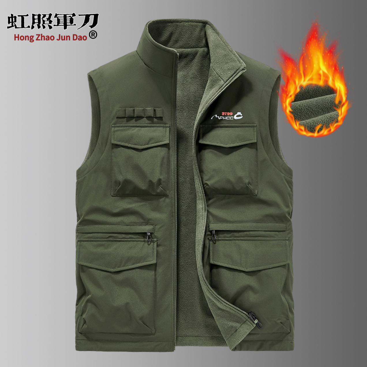 春秋冬加绒男马甲双面穿10个口袋休闲宽松户外工作穿秋冬保暖背心