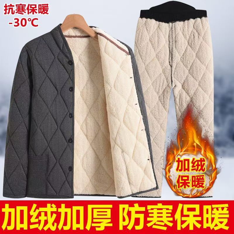 冬季中老年男士棉袄棉裤羊羔绒加厚棉服爸爸加绒宽松保暖棉衣套装