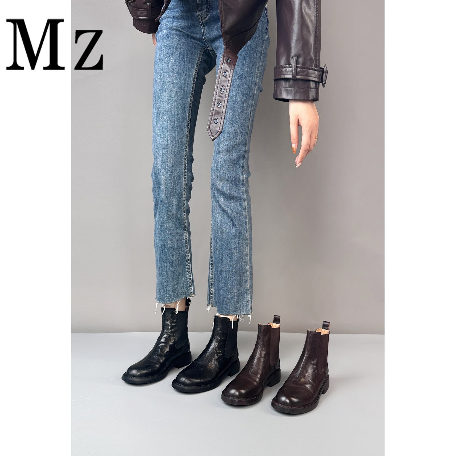 Mr.Zheng/3.5cm/复古百搭真皮短靴女切尔西靴秋冬圆头套筒女靴
