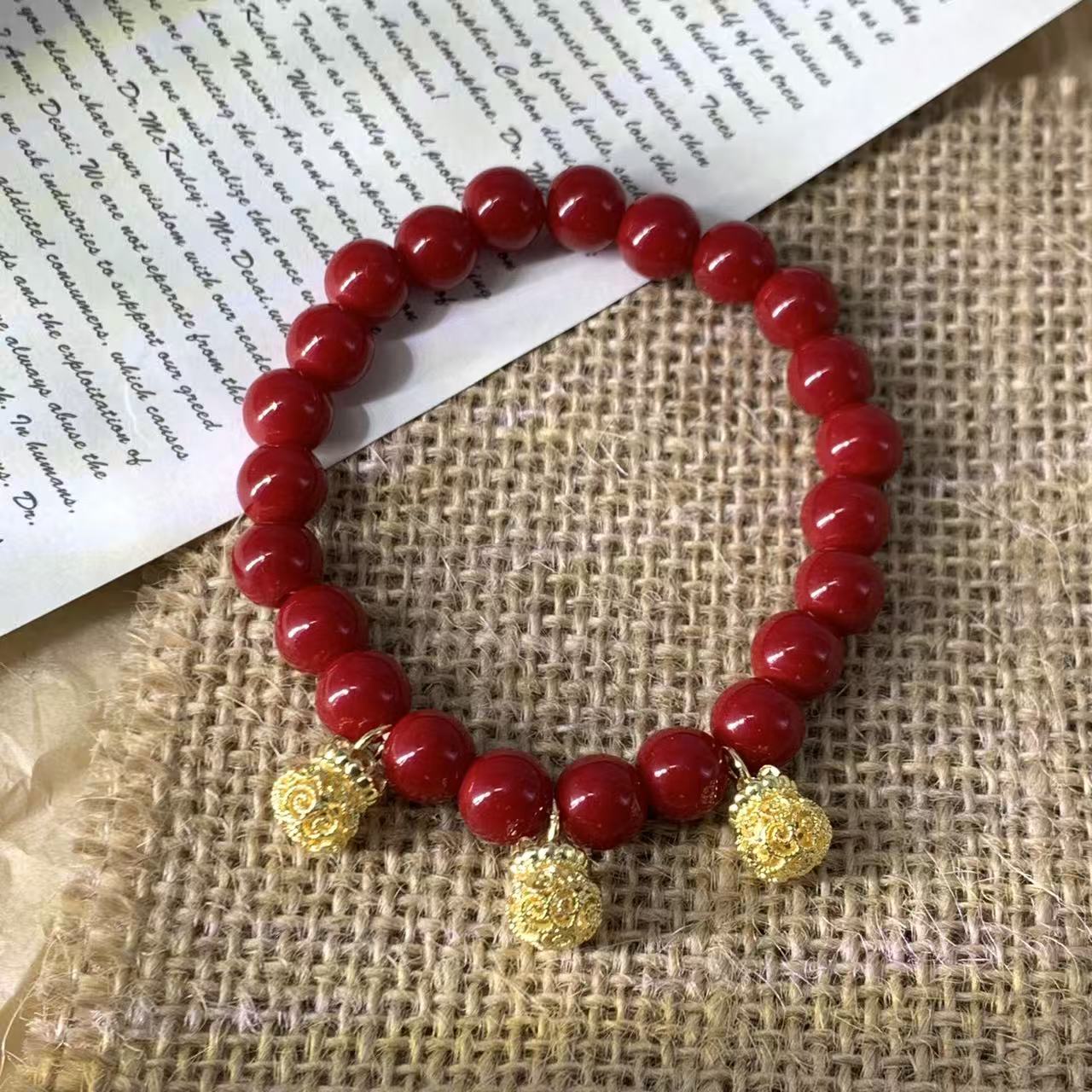 纯铜仿水晶手链 极简风纯色红色百搭串珠手工气质素款中国红